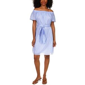 MICHAEL KORS Womens Dress Size L Off The Shoulder Blue Floral Lightweight W/Belt